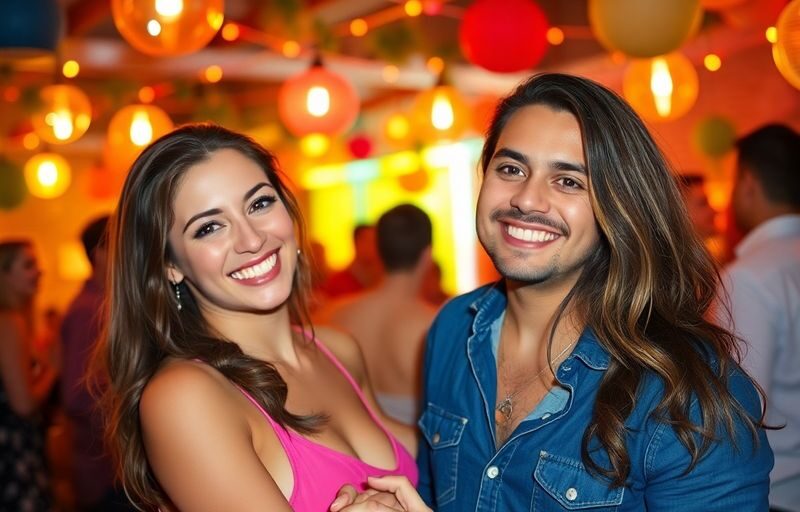 Couple enjoying a lively party, smiling and holding hands