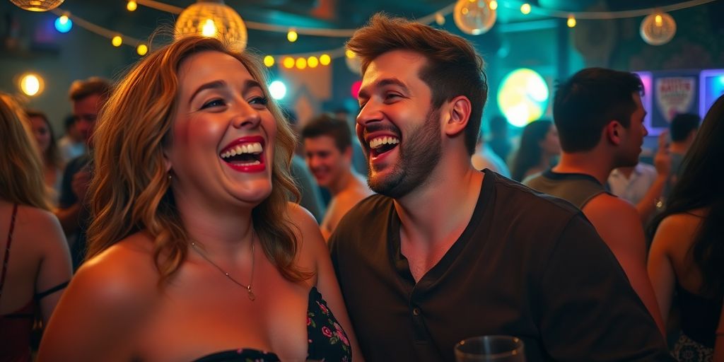 Couple enjoying a lively social gathering in a vibrant setting.