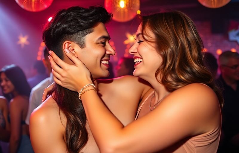 Couple enjoying a playful moment at a lively party