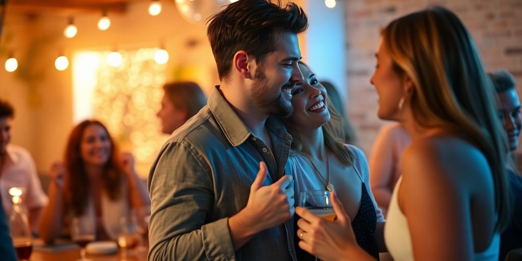 Couple enjoying a playful moment at a social gathering