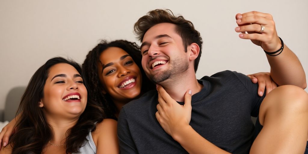 Couple enjoying a playful moment with a third person.