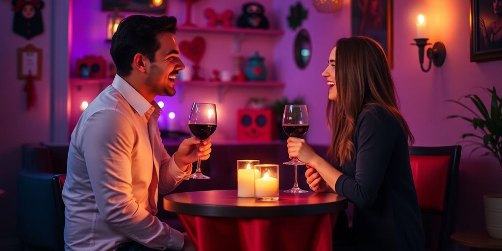 Couple enjoying a romantic dinner date with candles.
