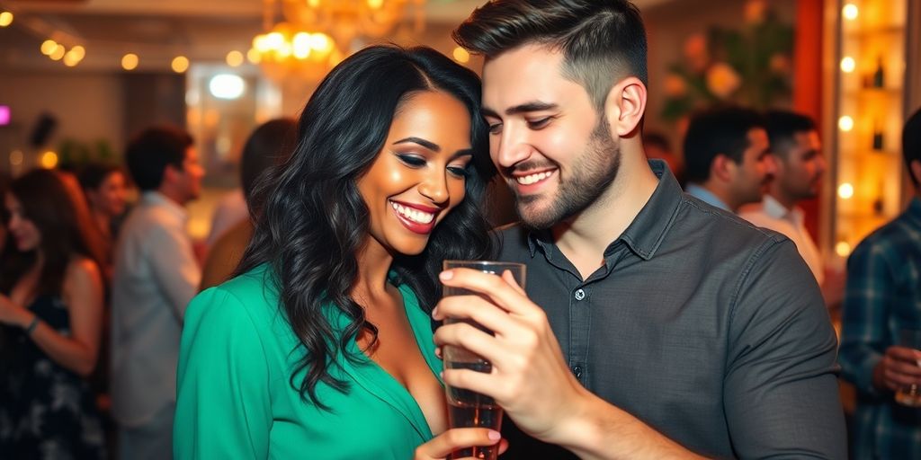 Couple enjoying a romantic evening in a stylish setting.