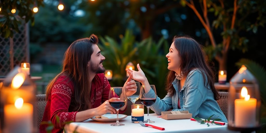 Couple enjoying a romantic outdoor dinner setting