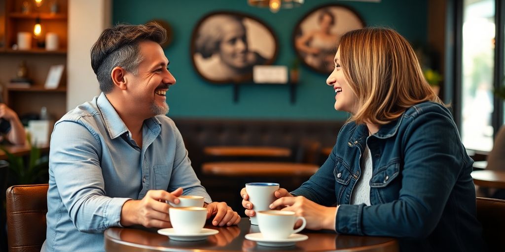 Couple enjoying coffee and conversation in a cozy caf&eacute;