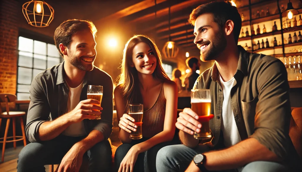 Couple enjoying drinks with a friend in a cozy setting