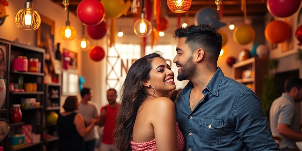 Couple enjoying intimacy in a lively swinger environment