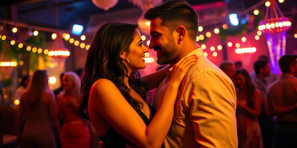 Couple enjoying intimacy in a vibrant swinger party 