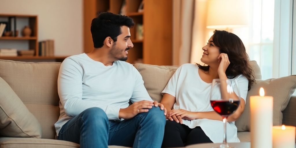 Couple enjoying intimate conversation in a cozy setting