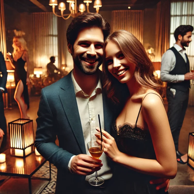 Couple enjoying their first swinger party experience together