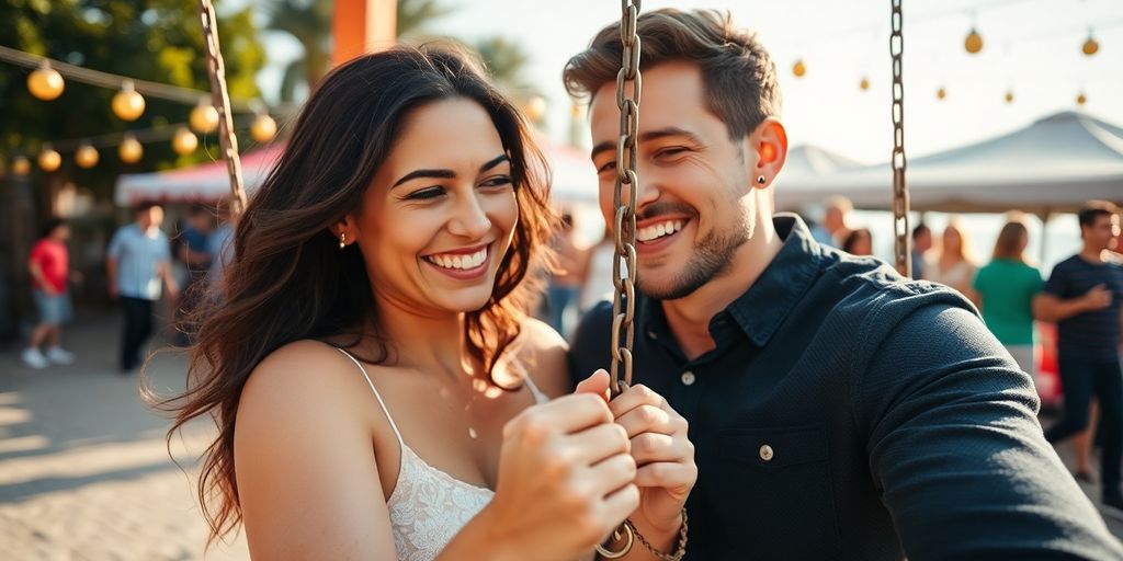 Couple enjoying their first swinging experience outdoors