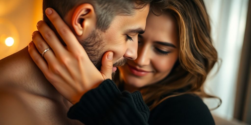 Couple exploring BDSM dynamics in an intimate setting