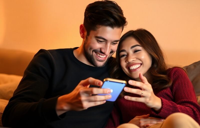 Couple happily using a relationship app on their phone.