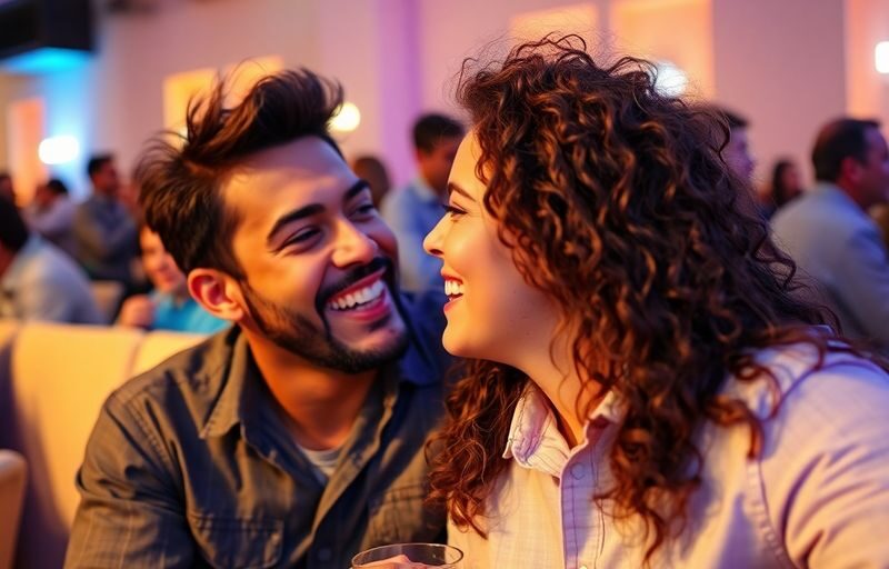 Couple having fun at a lively swinger social event.