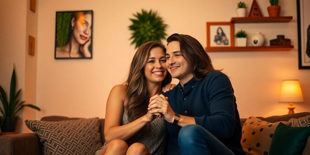 Couple holding hands, smiling in a cozy room