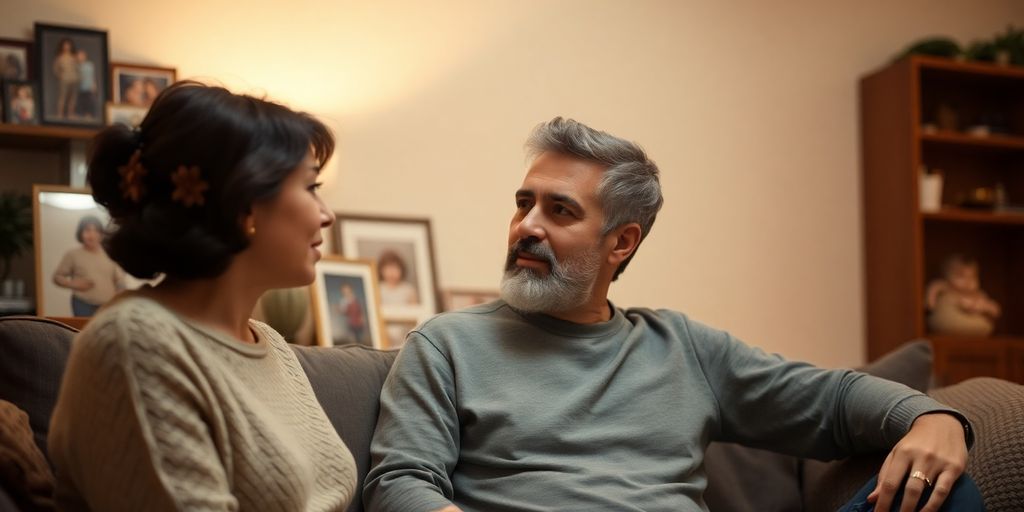 Couple in a cozy room discussing family and privacy