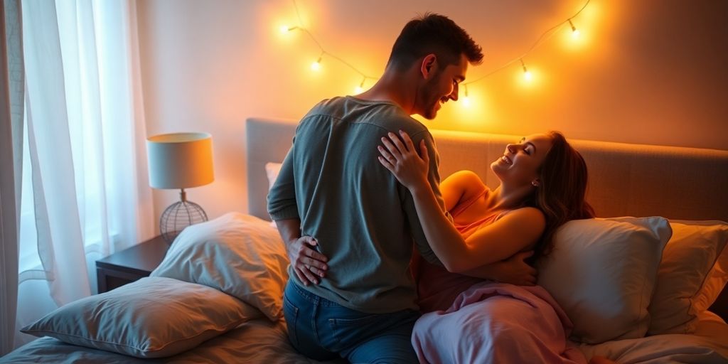 Couple in bed with a third partner, intimate atmosphere