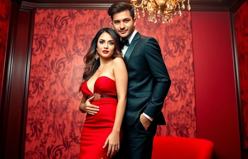 Couple in elegant attire in a red room