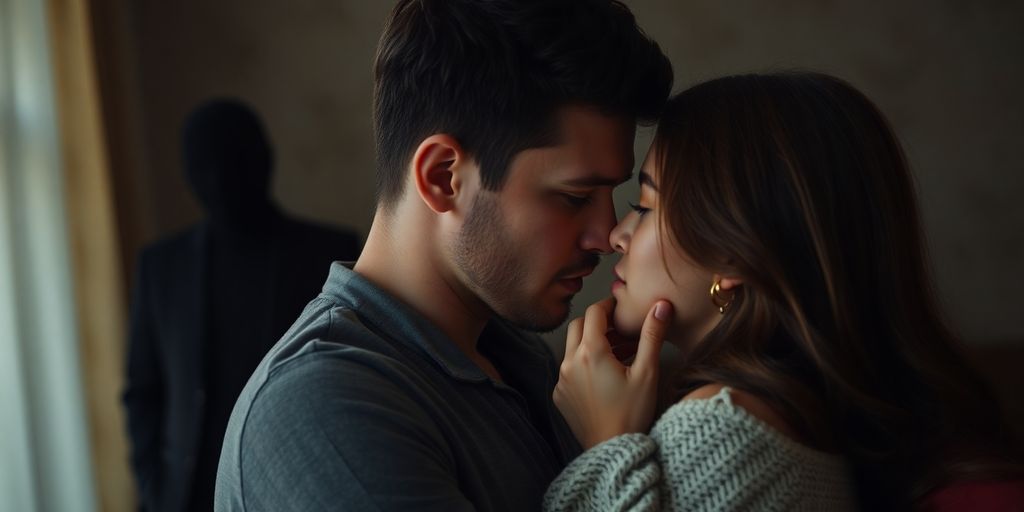 Couple in intimate moment with observer in background