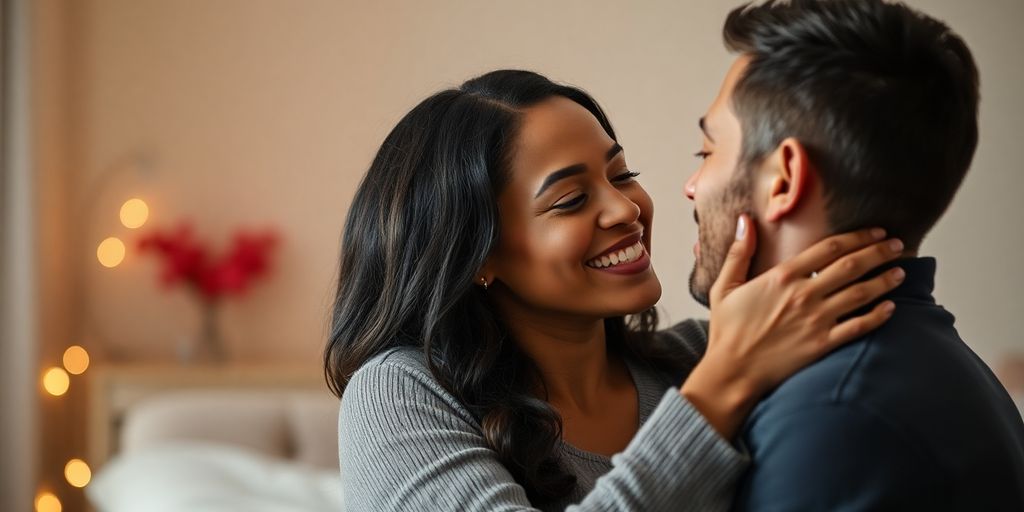 Couple in intimate moment with warm, romantic lighting