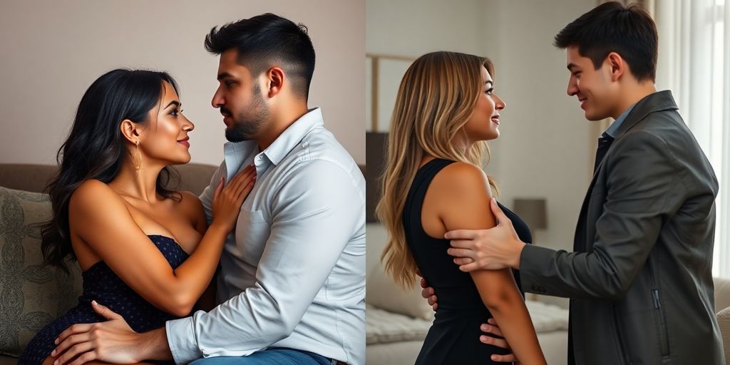 Couple intimacy and a confident partner in a relationship.