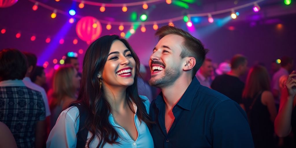 Couple laughing at a lively party with colorful lights