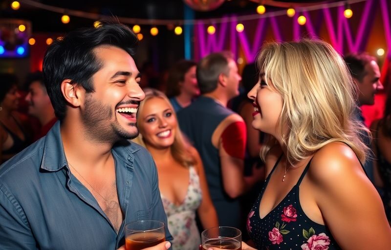 Couple laughing at a lively party with other couples