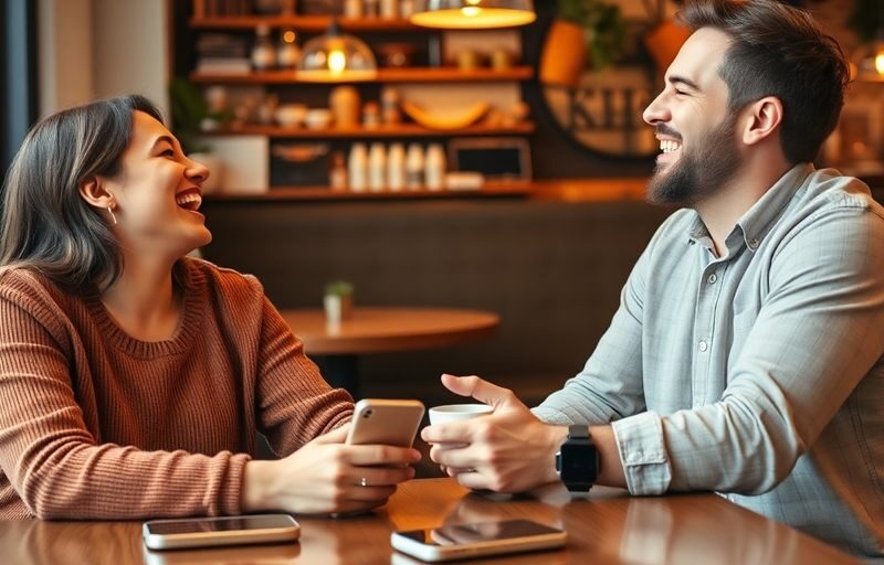 Couple laughing together in a cozy coffee shop.