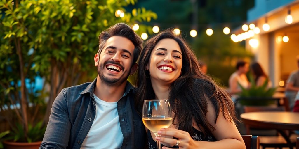 Couple laughing together on a swinger date outdoors