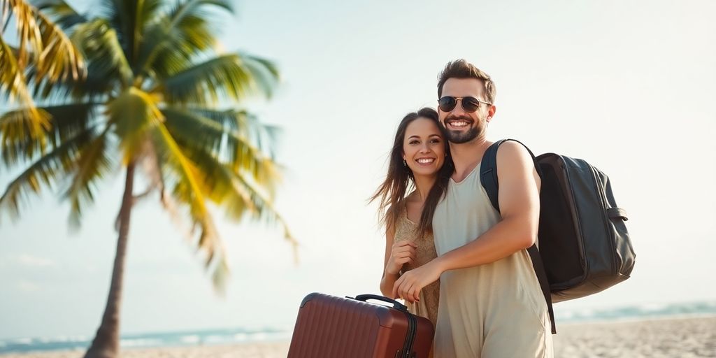 Couple on a beach ready to travel together