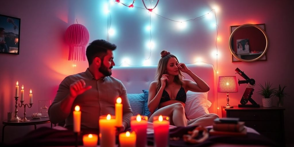Couple preparing a stylish bedroom for a swinger event