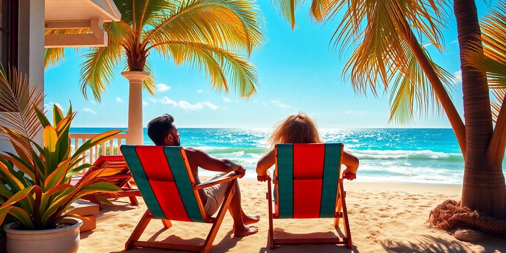 Couple relaxing at beach house with ocean view