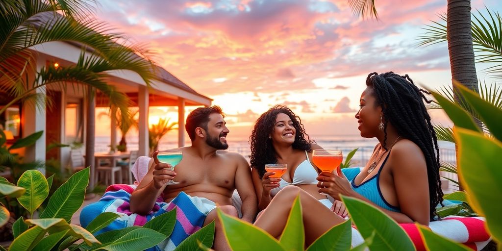 Couple relaxing in a beach house at sunset