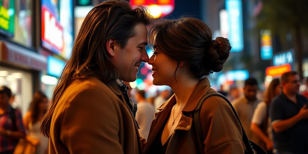 Couple sharing a flirtatious moment in public