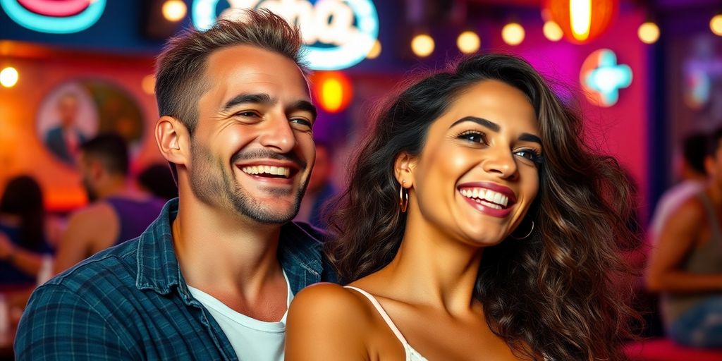 Couple sharing a joyful moment in a vibrant setting