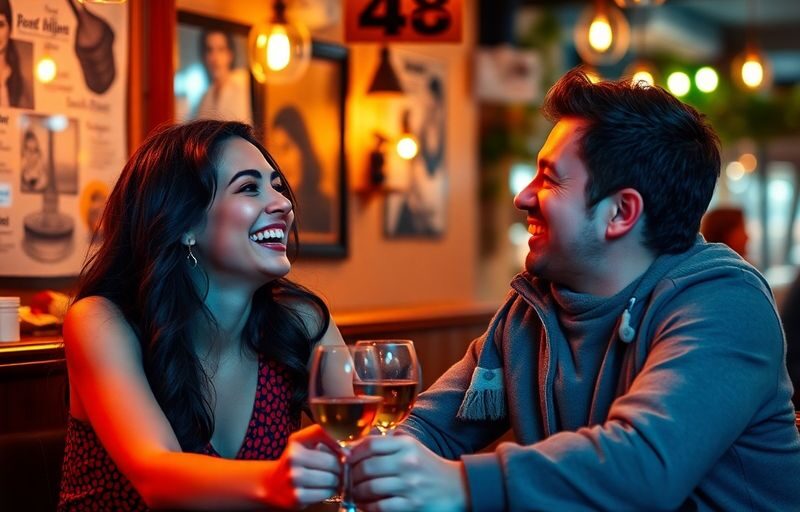 Couple sharing a laugh in a cozy cafe setting