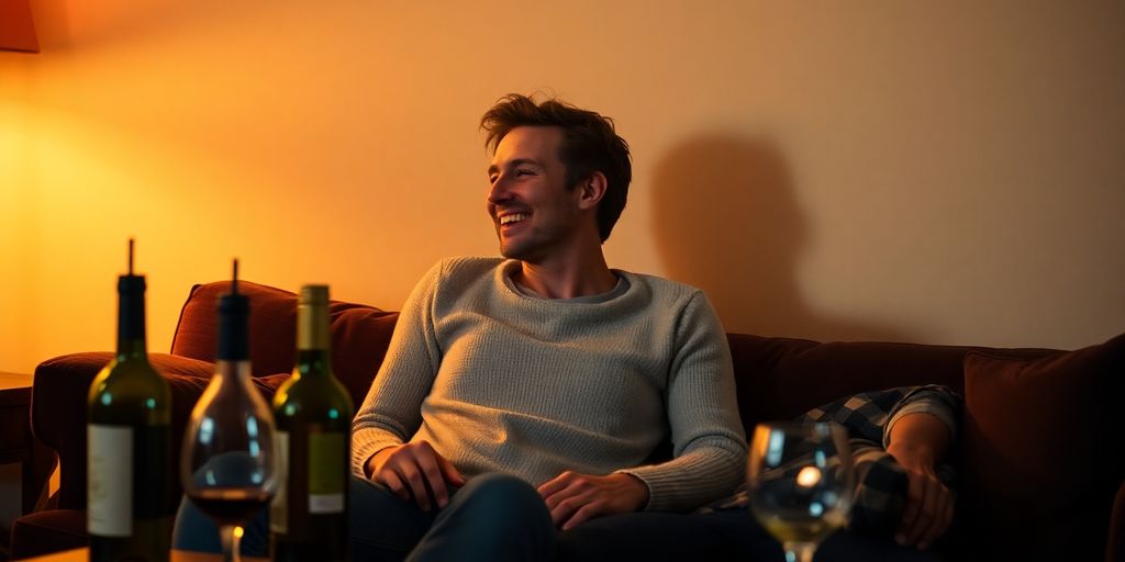 Couple sharing a laugh on a cozy couch.