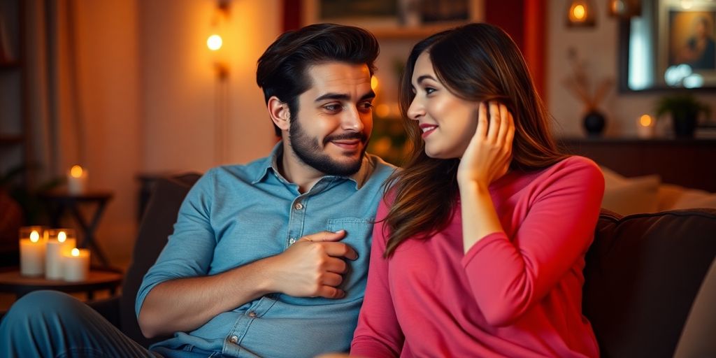 Couple sharing a nervous glance in a cozy setting