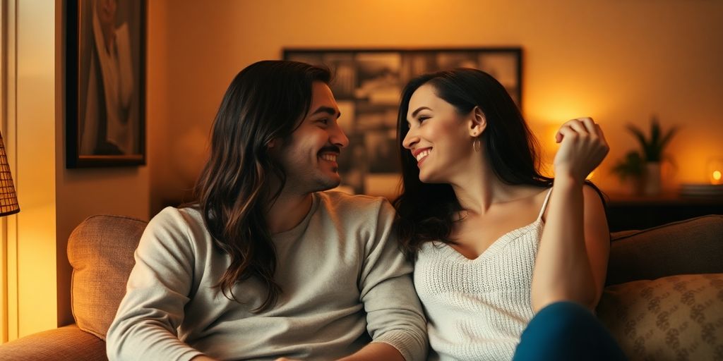 Couple sharing a playful moment in an intimate setting