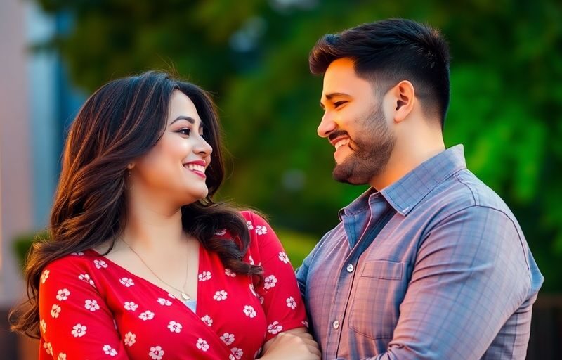Couple sharing a romantic moment outdoors, smiling happily