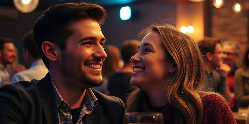 Couple sharing an intimate moment at a social gathering