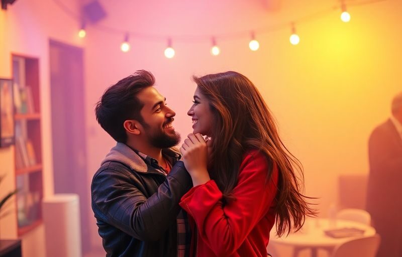 Couple sharing an intimate moment in a vibrant setting.