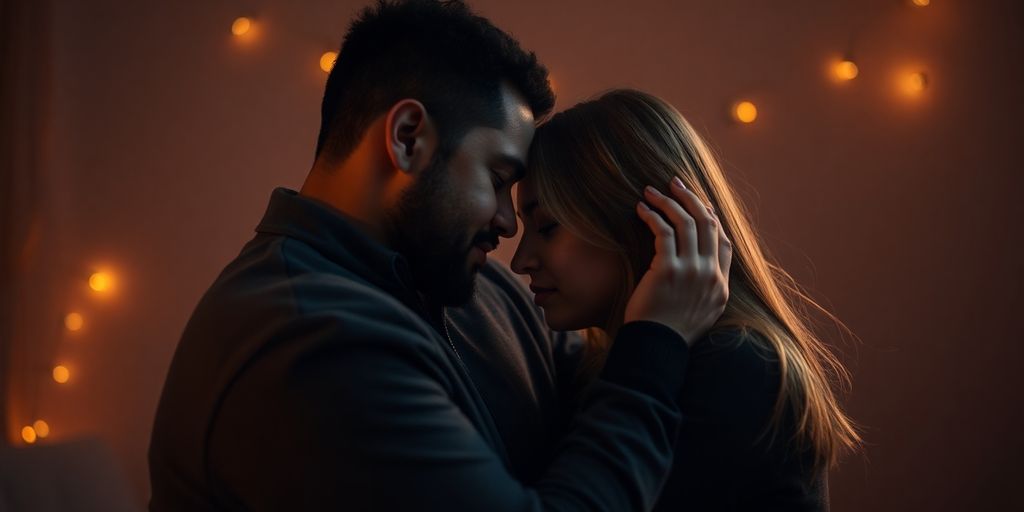 Couple sharing an intimate moment in soft lighting