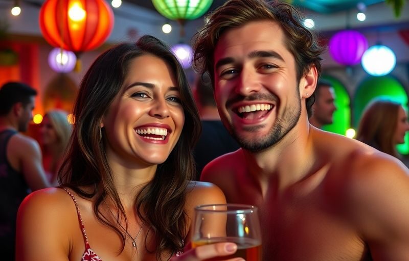 Couple smiling together at a lively social gathering
