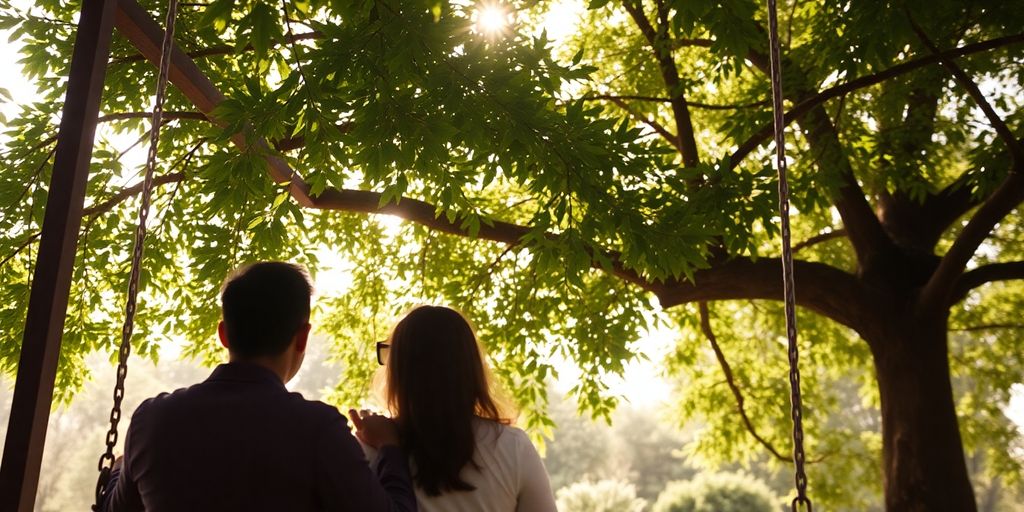 Couple swaying on a swing in a sunny outdoor setting