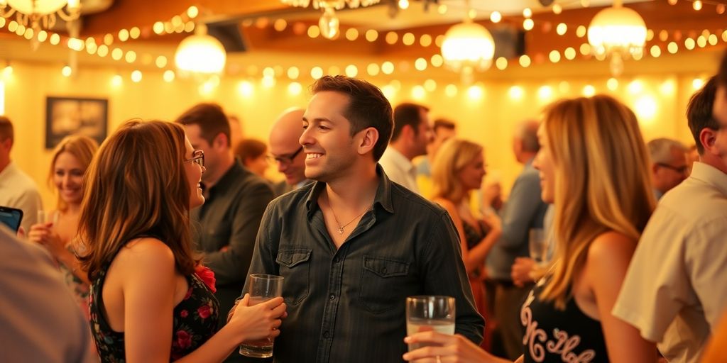 Couple talking at a social event with other couples