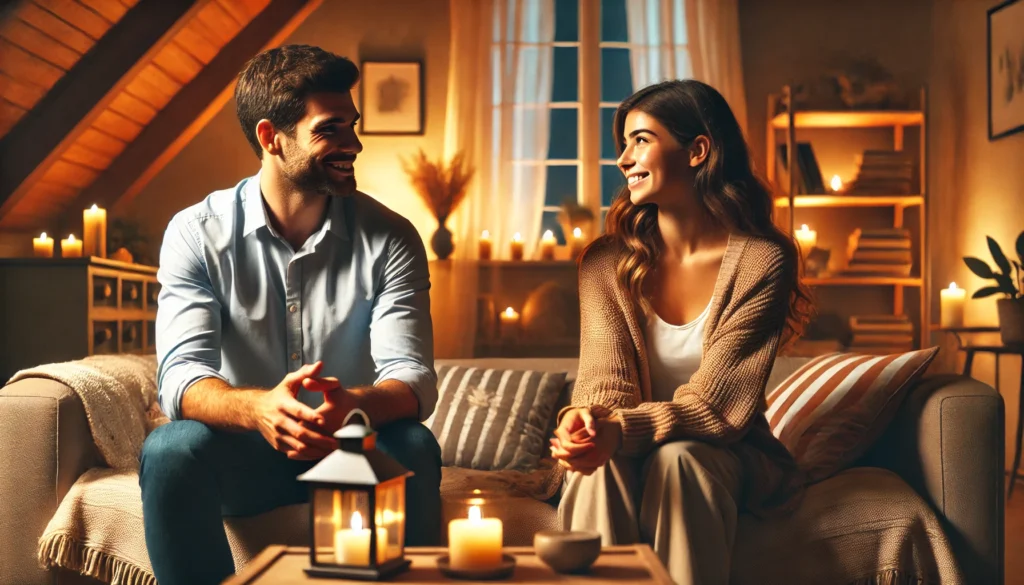 Couple talking openly about boundaries in a cozy setting