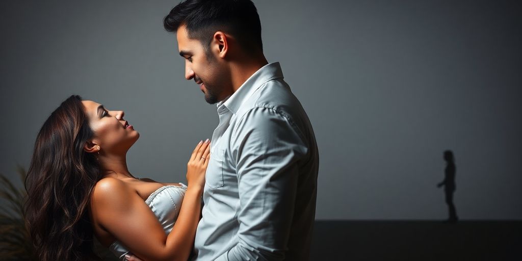 Couple together, with an observer in the background