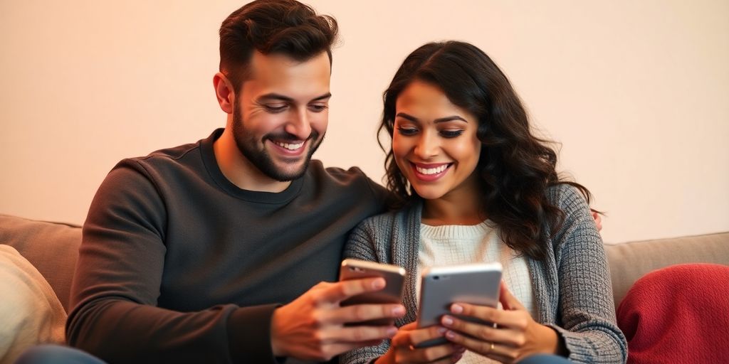 Couple using a mobile app together in a cozy setting