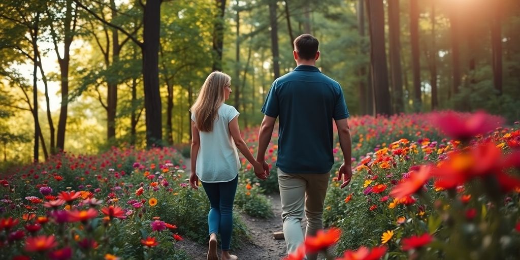 Couple walking hand in hand in a beautiful forest